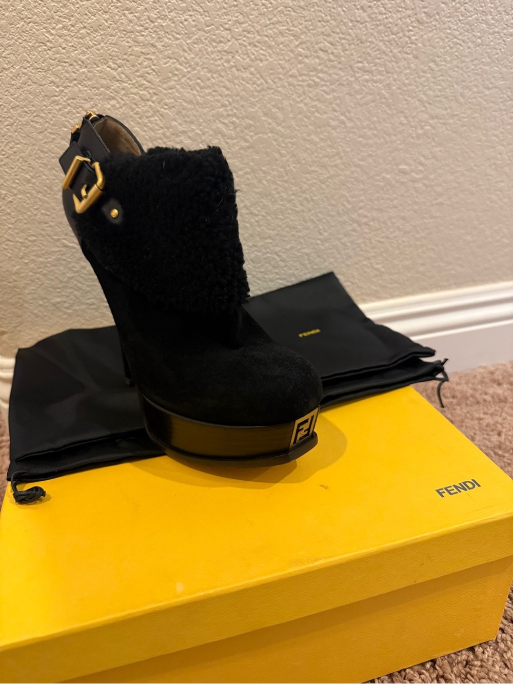 Fendi Black Suede Shearling Platform Ankle Boots with Gold Hardware